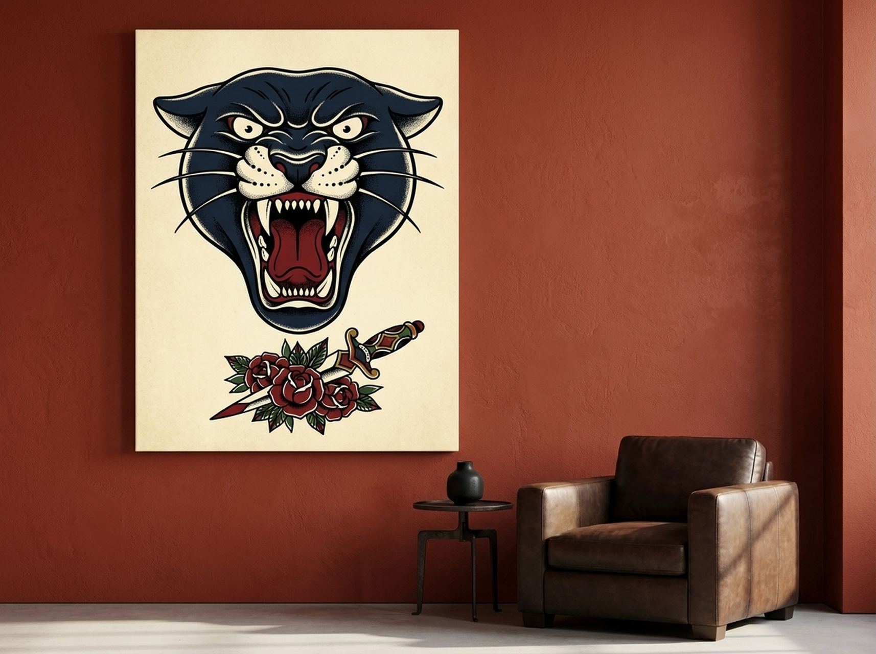 Tattoo Flash Panther Canvas Print - traditional American old school bold navy black wall art