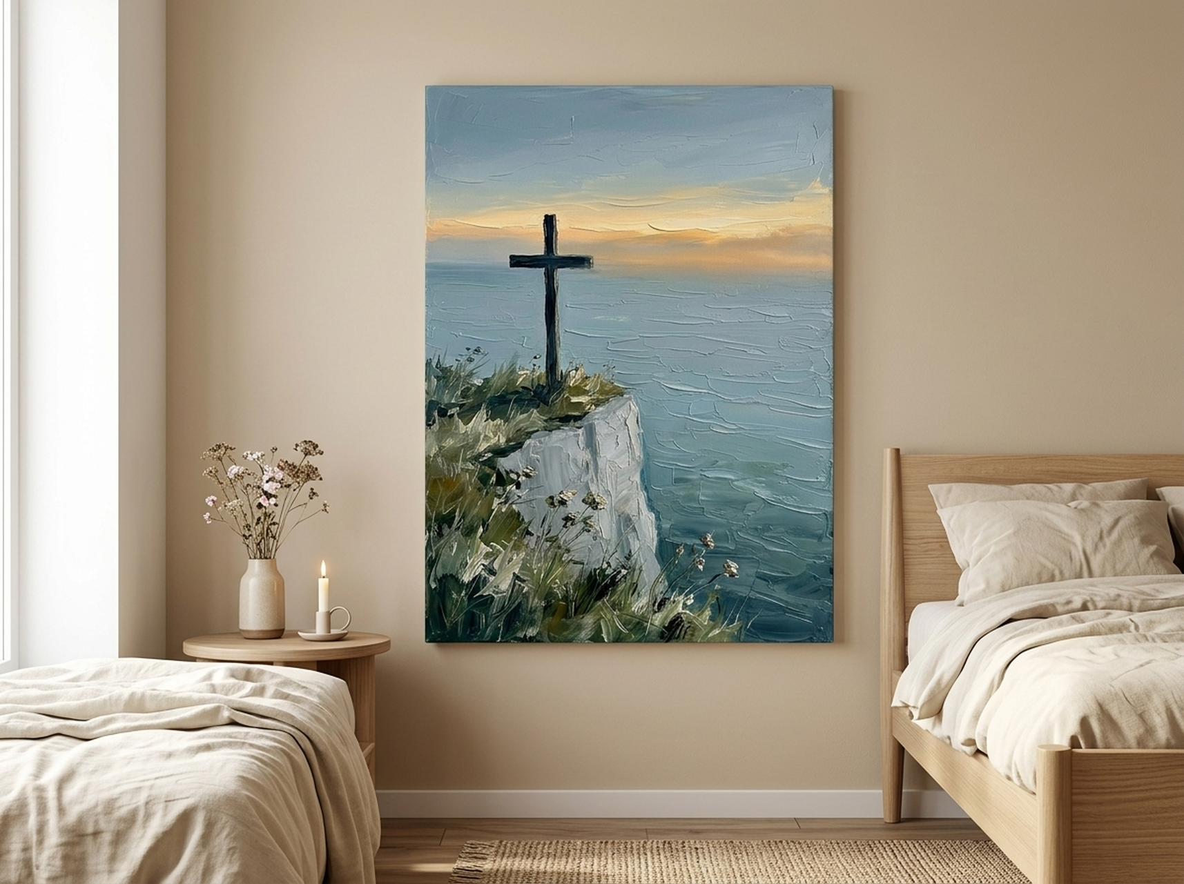 Mountain cross canvas wall art with dramatic landscape and cross silhouette in natural tones