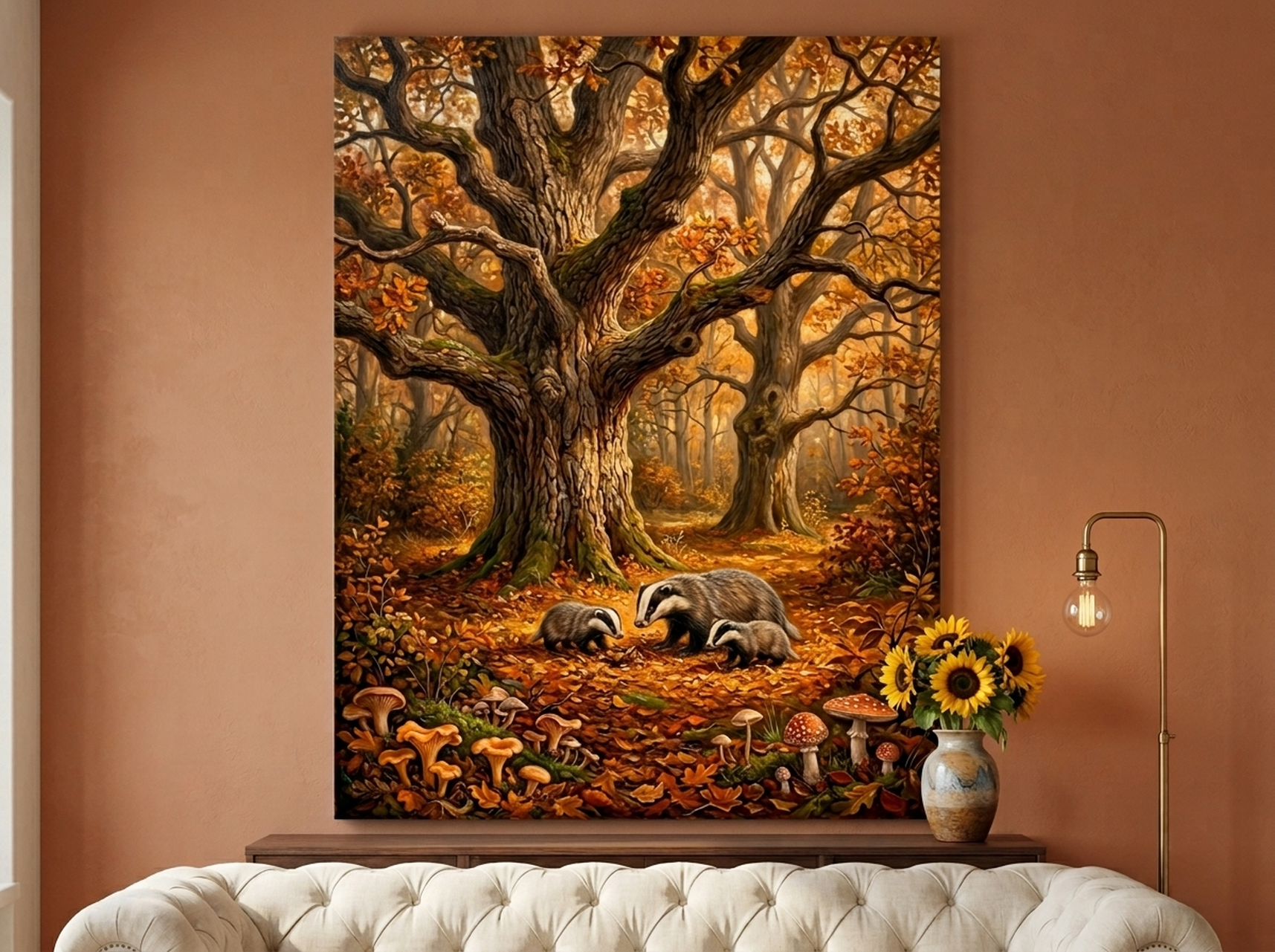 Woodland badger family oil painting nursery canvas wall art
