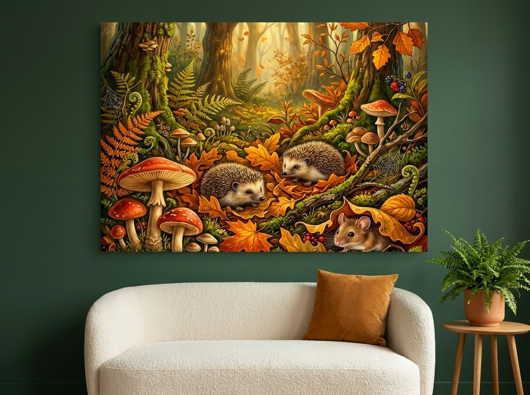 Hedgehog botanical forest wildlife canvas wall art ,  framed nature print
