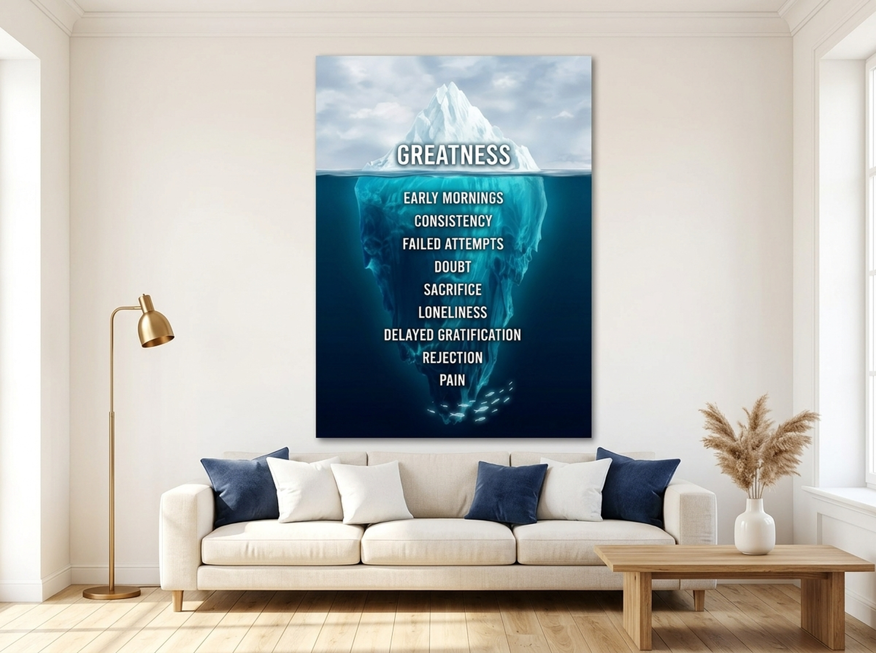 Iceberg of Success Canvas Wall Art - motivational teal navy illustration showing hidden effort beneath the surface