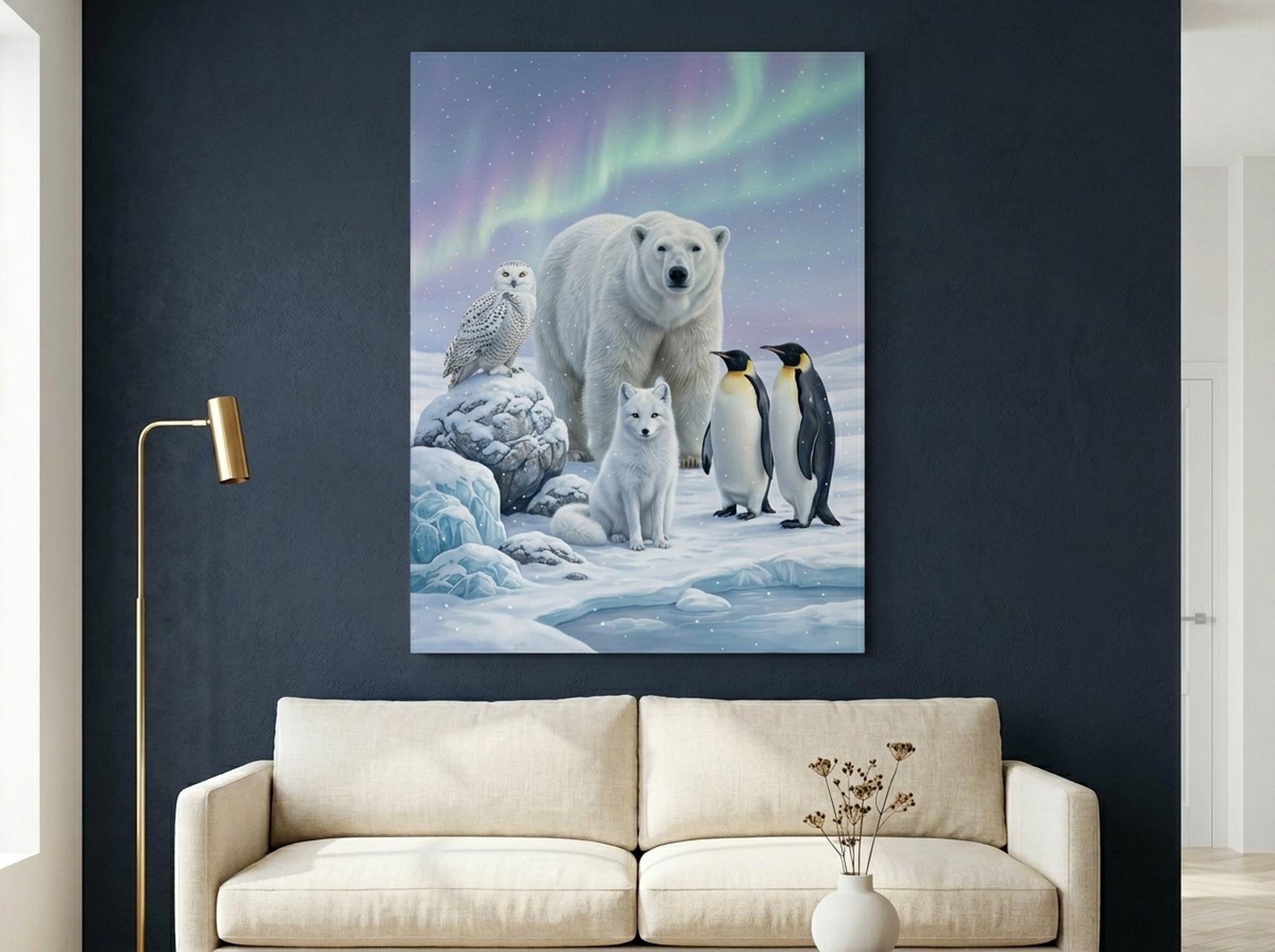 Arctic animals nursery canvas wall art, polar bears and penguins