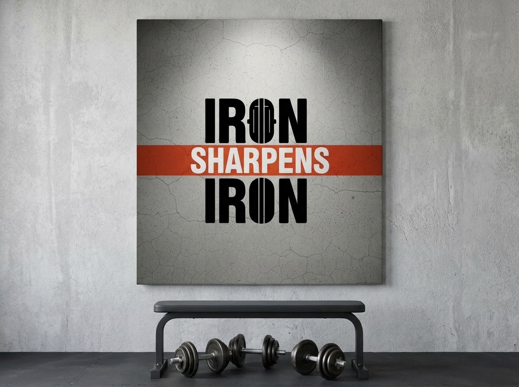 Iron Sharpens Iron Wall Art Canvas with Proverbs 27:17 scripture on a bold concrete textured background